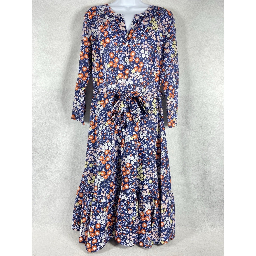 Talbots Shirt Dress Women's 12 Blue Red Fit & Flare‎ Tiered Long Sleeves Floral